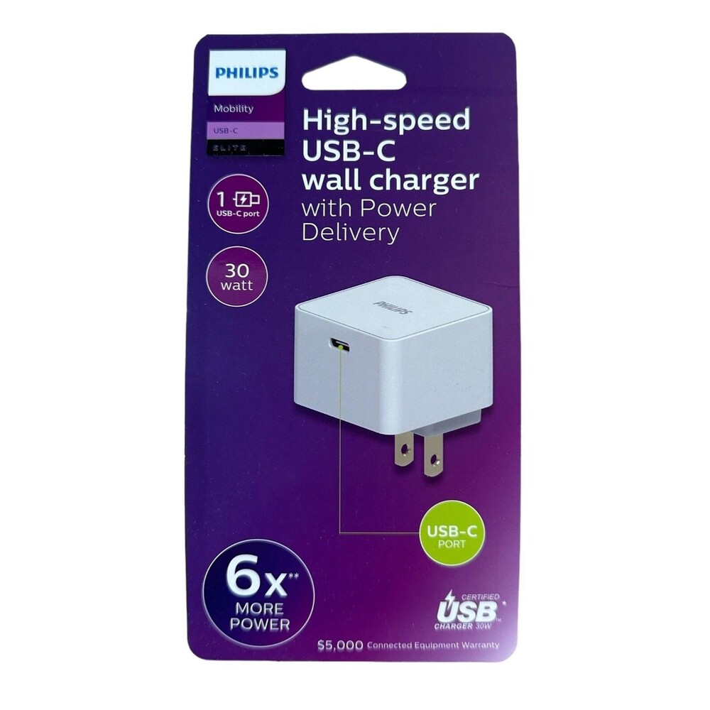Philips High-speed USB-C Wall Charger w/Power Delivery 30W - White 6X More Power